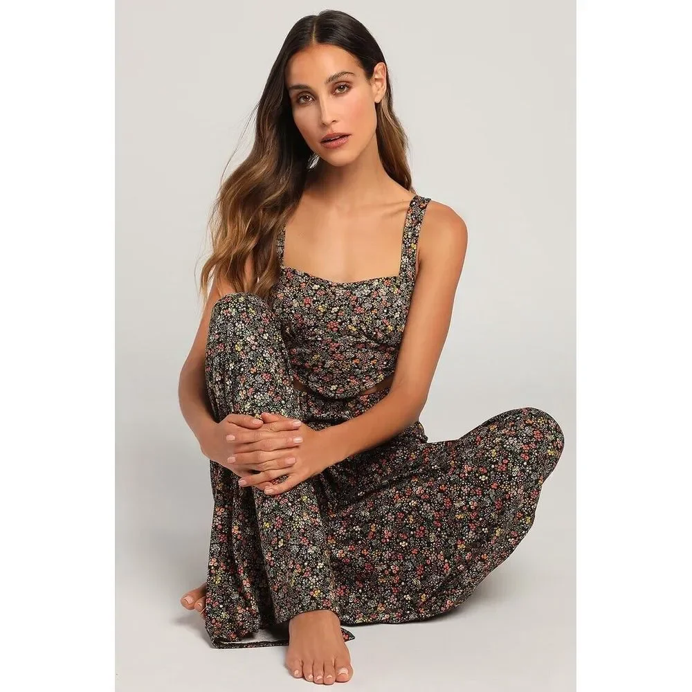 Lulu's XL Bloom In Black Wide Leg Trouser And Bustier Crop Black Floral‎ NWT